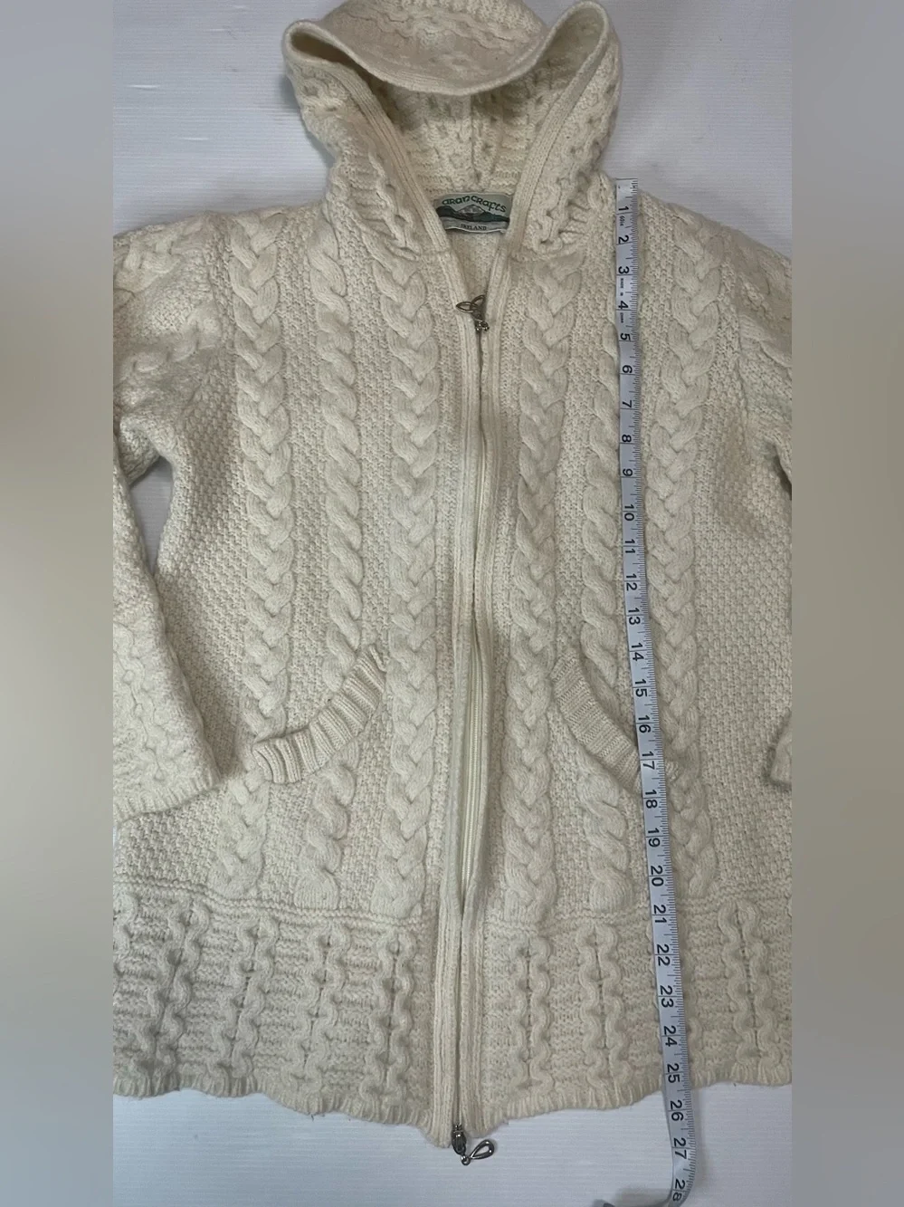 Aran Crafts Women's Merino Wool Cream Cable Knit Hooded Zip Up Cardigan Size S